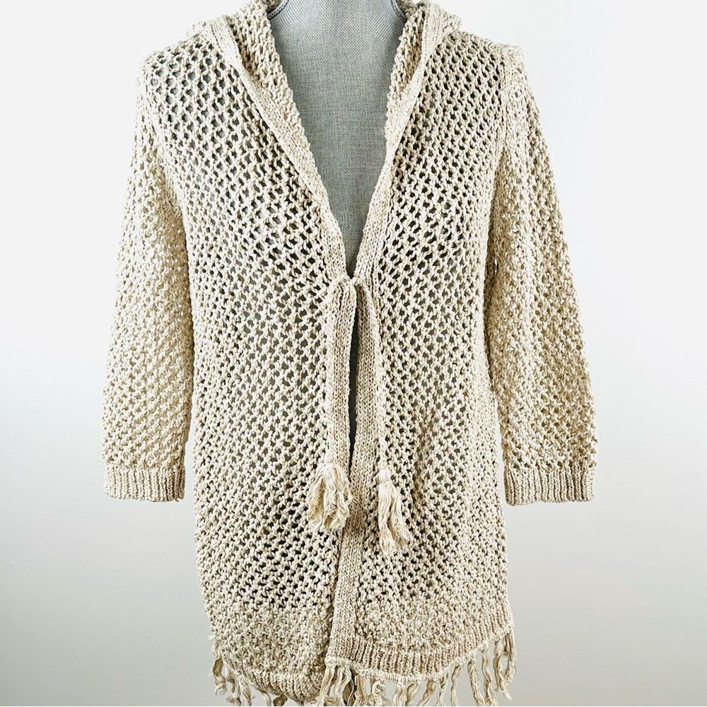 J.Jill SZ S Beige Metallic Open Knit Hooded Cardigan Sweater Fringe Boho